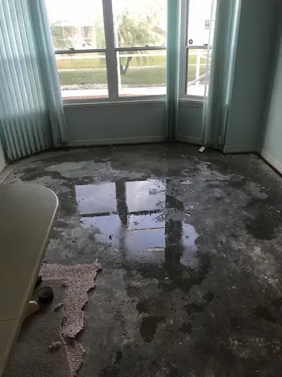 Standing water on a bare slab after wet carpet removal in Sarasota County