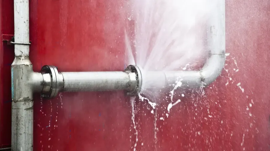 Water spraying from a burst pipe joint in a Venice, FL building