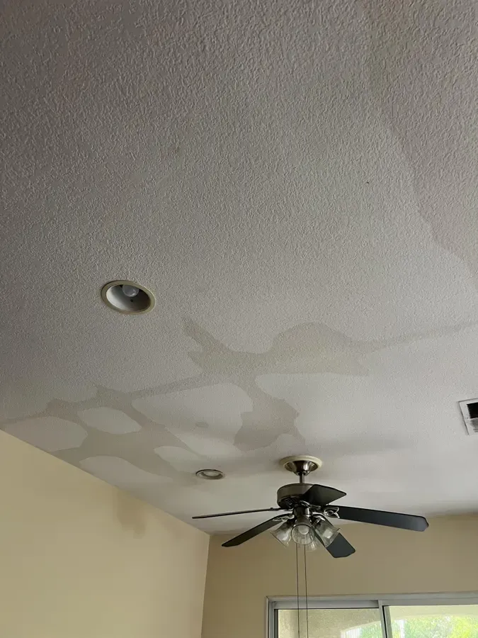 Water stains spreading across a ceiling below a roof leak in a Venice, FL house